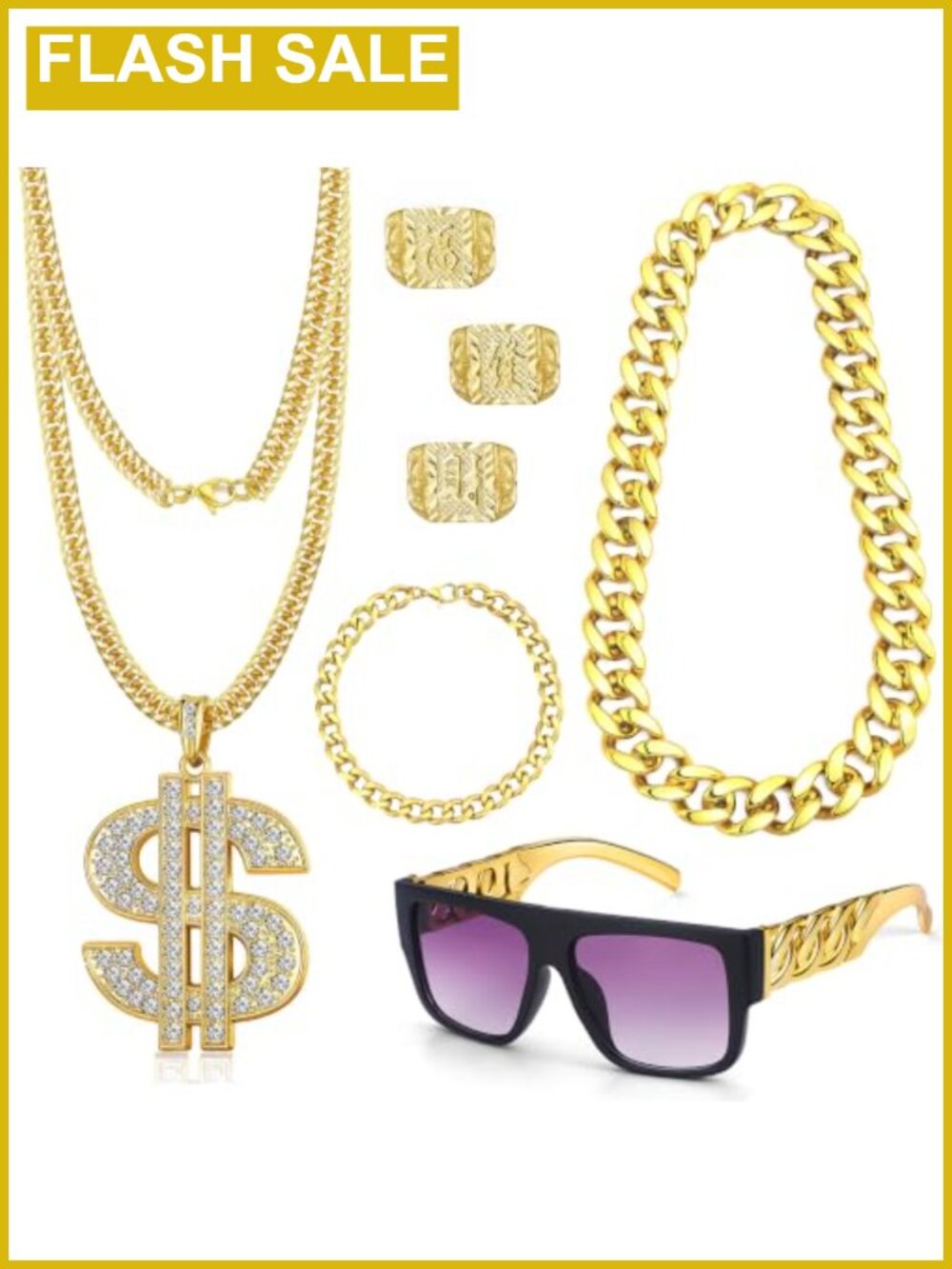 7pc 80s 90s Hip Hop Costume Set Gold Chain Sunglasses Rings Bracelet